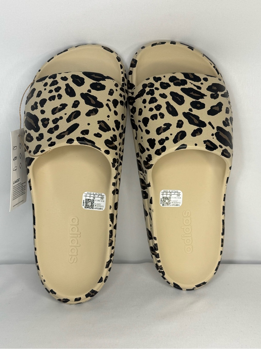 adidas Adilette Lucia J Leopard Print Slide Sandals in Beige and Black